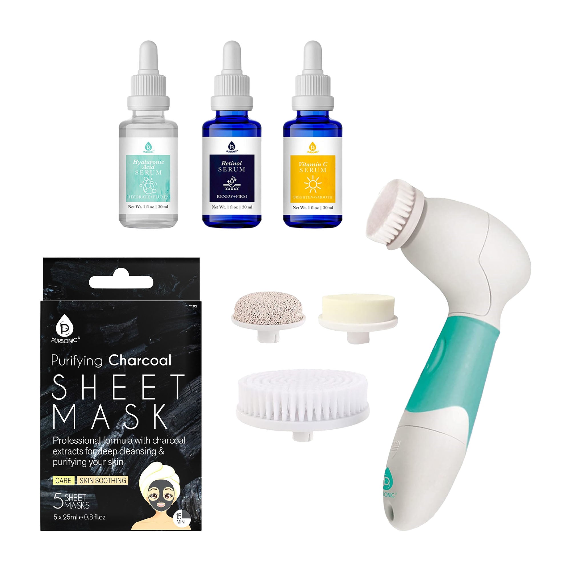 Pursonic Complete Skincare Bundle – Advanced Facial & Body Cleansing Brush + Anti-Aging Serum Set + 5-Pack Charcoal Sheet Masks